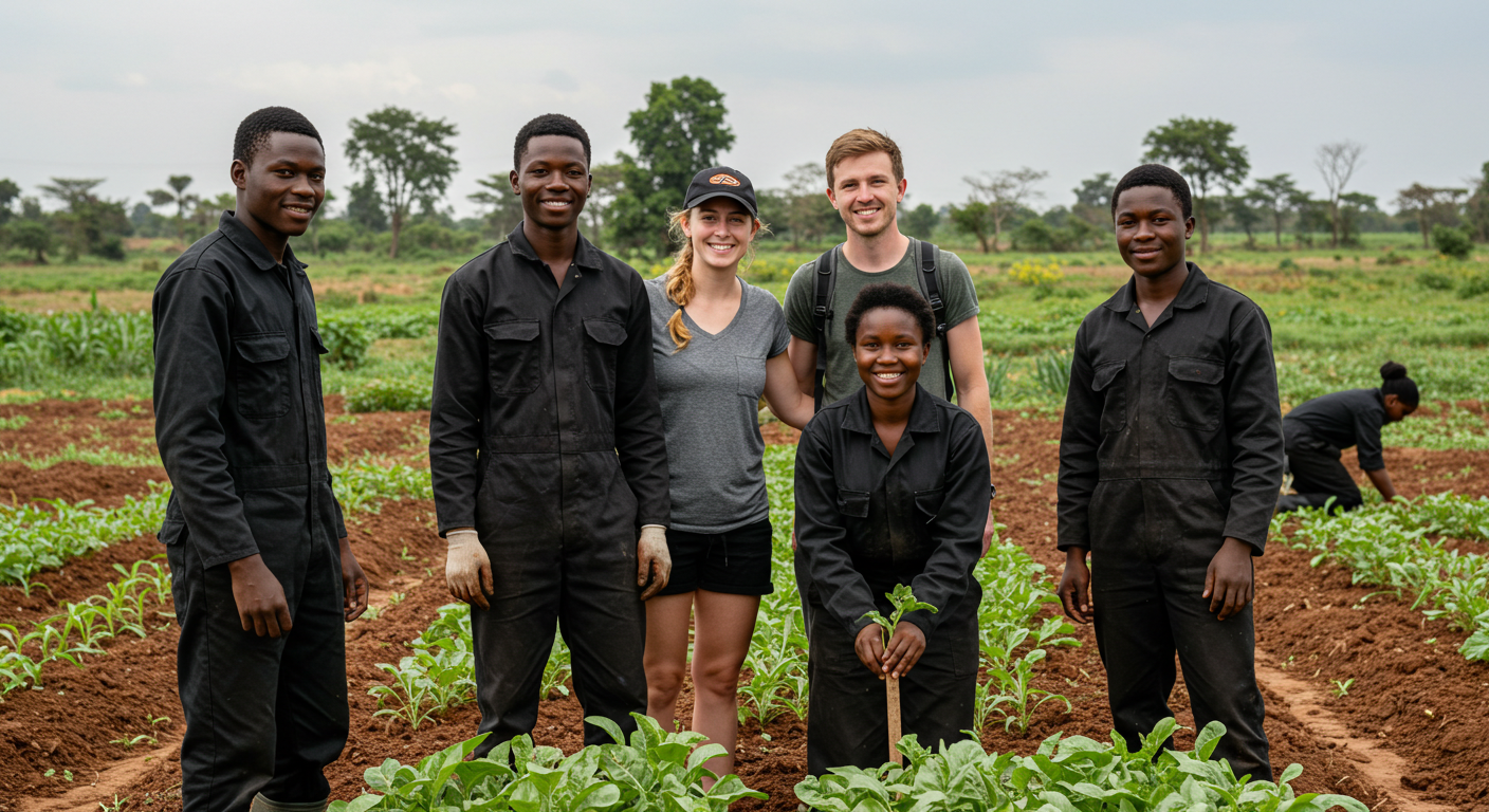 Young African apprentices and community volunteers working together on a farming project in rural Zambia, smiling and engaging in teamwork