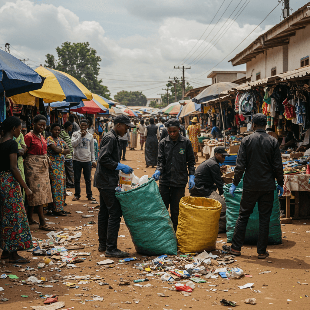 Zambian vendors and youth sorting waste in a clean, vibrant marketplace.