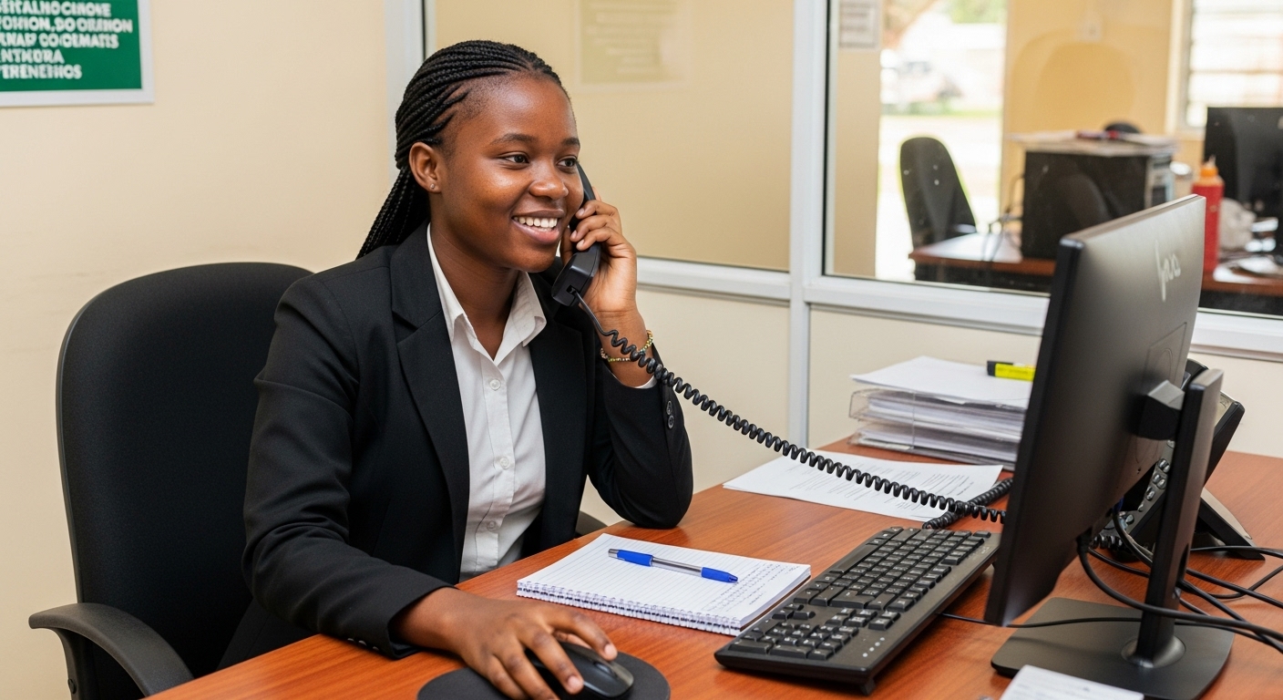 Friendly Zambian staff member at a desk, ready to assist with inquiries about workforce development and skills training.
