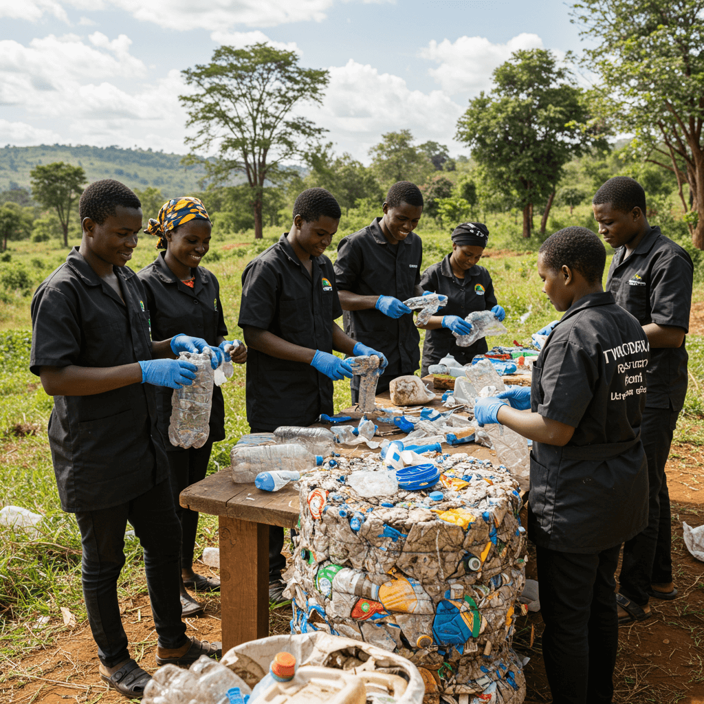Zambian youth and women recycling plastic waste