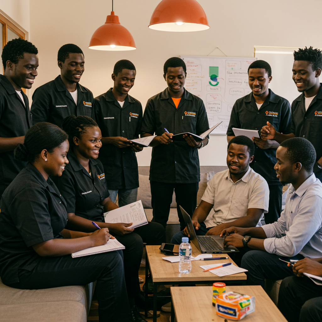Young Zambian entrepreneurs receiving business coaching and mentoring, discussing ideas in a vibrant group setting.