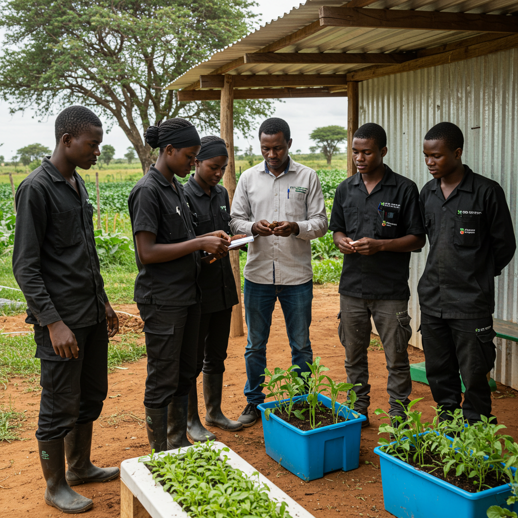 Young Zambian apprentices learning regenerative farming techniques and hydroponics on a modern, green farm, focused on increasing food security.