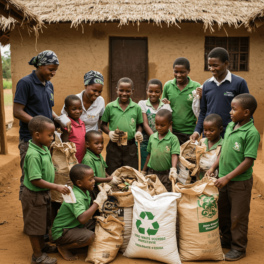 Zambian students and families at a rural school recycling and composting.